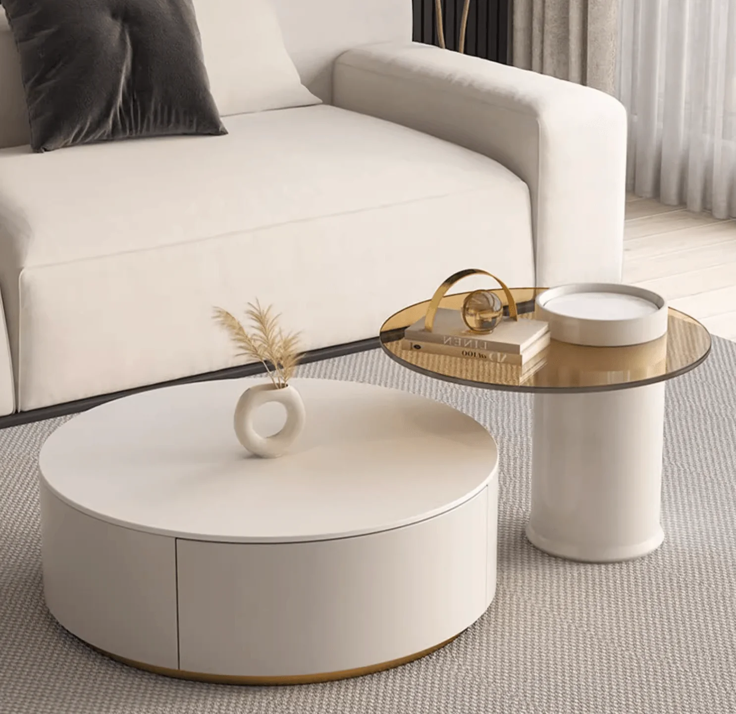 Riviera Round Nesting Coffee Table Set With Ottoman, White - Image 14