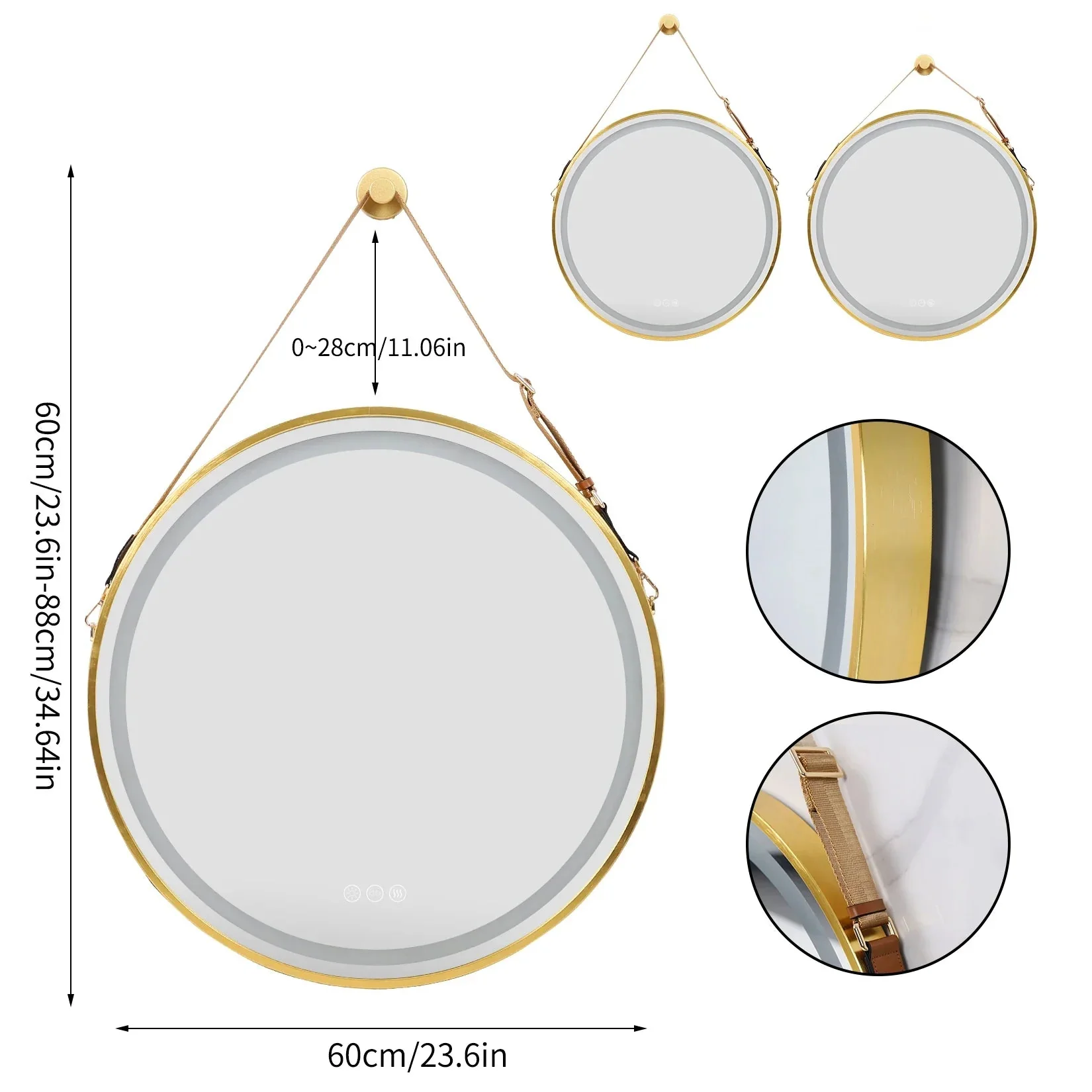 Round LED Illuminated Bathroom Mirror Hanging Wall Vanity Mirror Demister Dimmable Aluminum Fram HD Glass - Image 12