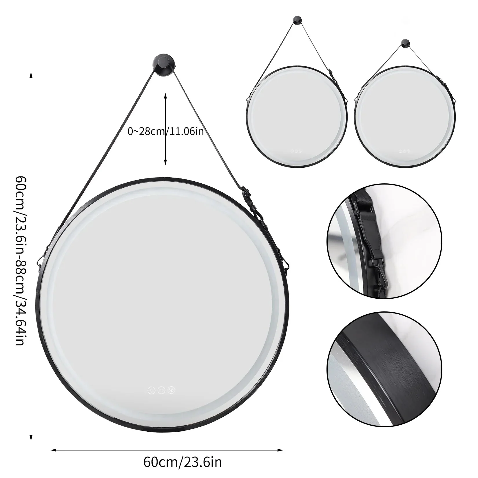 Round LED Illuminated Bathroom Mirror Hanging Wall Vanity Mirror Demister Dimmable Aluminum Fram HD Glass - Image 13