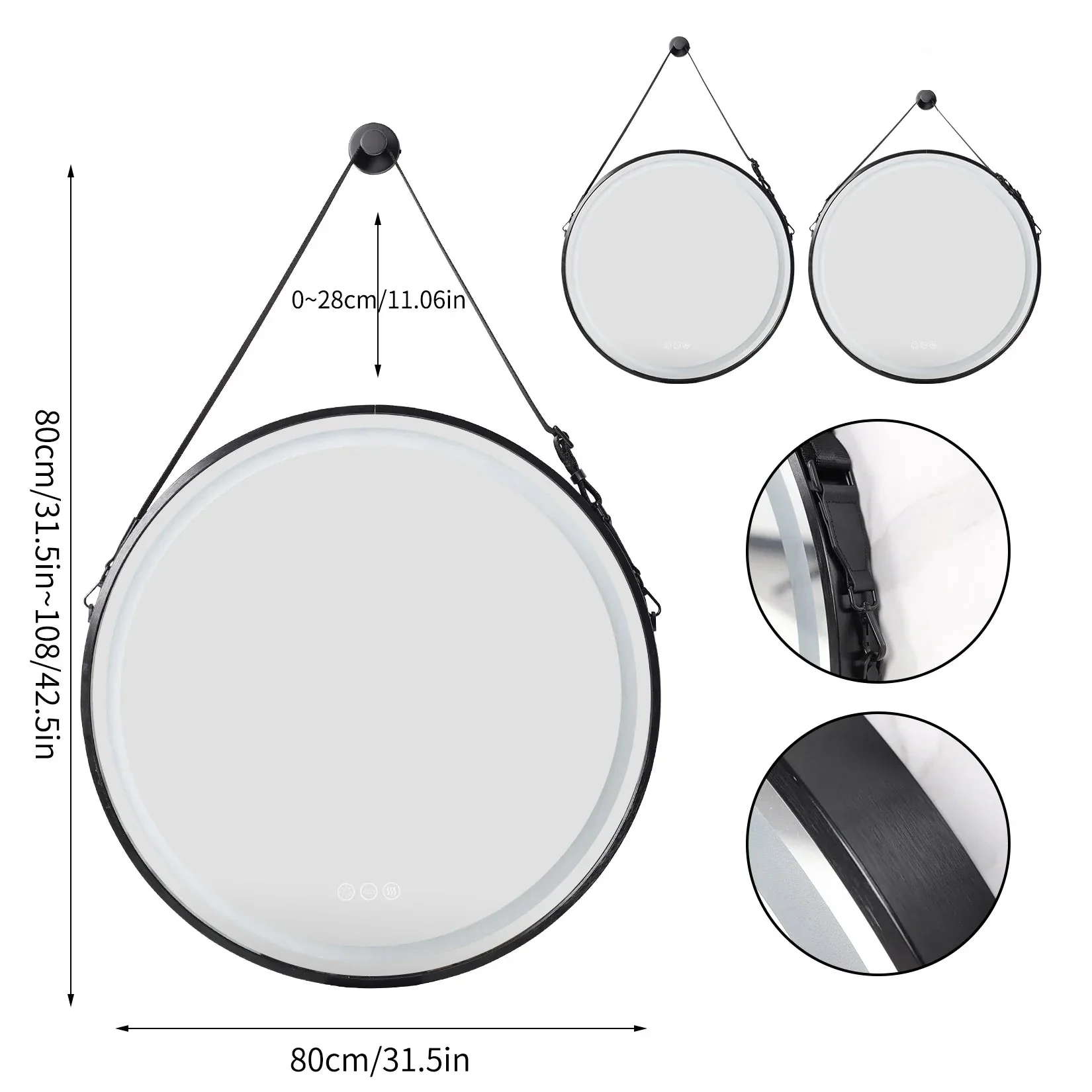 Round LED Illuminated Bathroom Mirror Hanging Wall Vanity Mirror Demister Dimmable Aluminum Fram HD Glass - Image 15