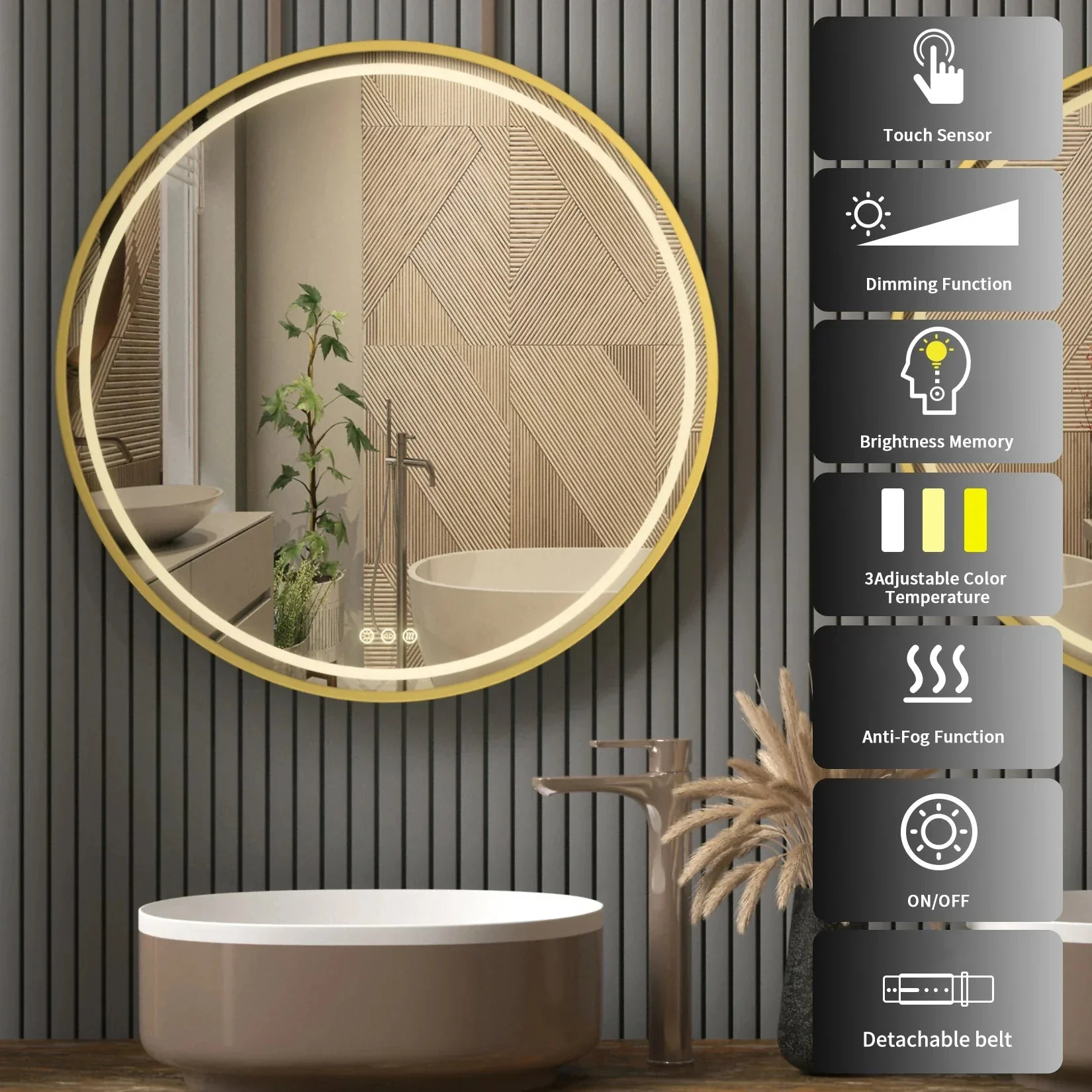Round LED Illuminated Bathroom Mirror Hanging Wall Vanity Mirror Demister Dimmable Aluminum Fram HD Glass - Image 4