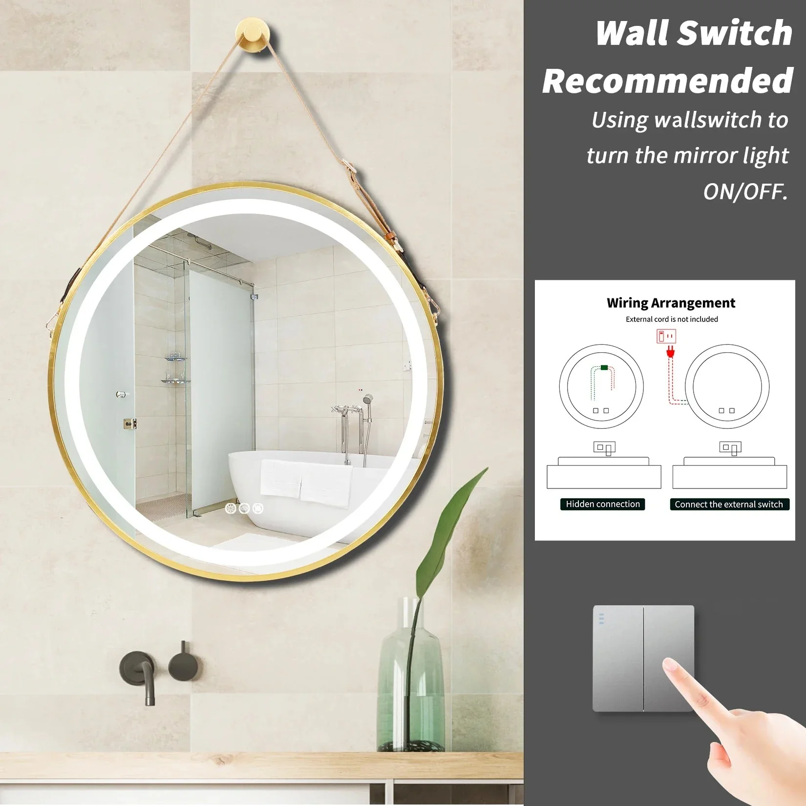 Round LED Illuminated Bathroom Mirror Hanging Wall Vanity Mirror Demister Dimmable Aluminum Fram HD Glass - Image 5