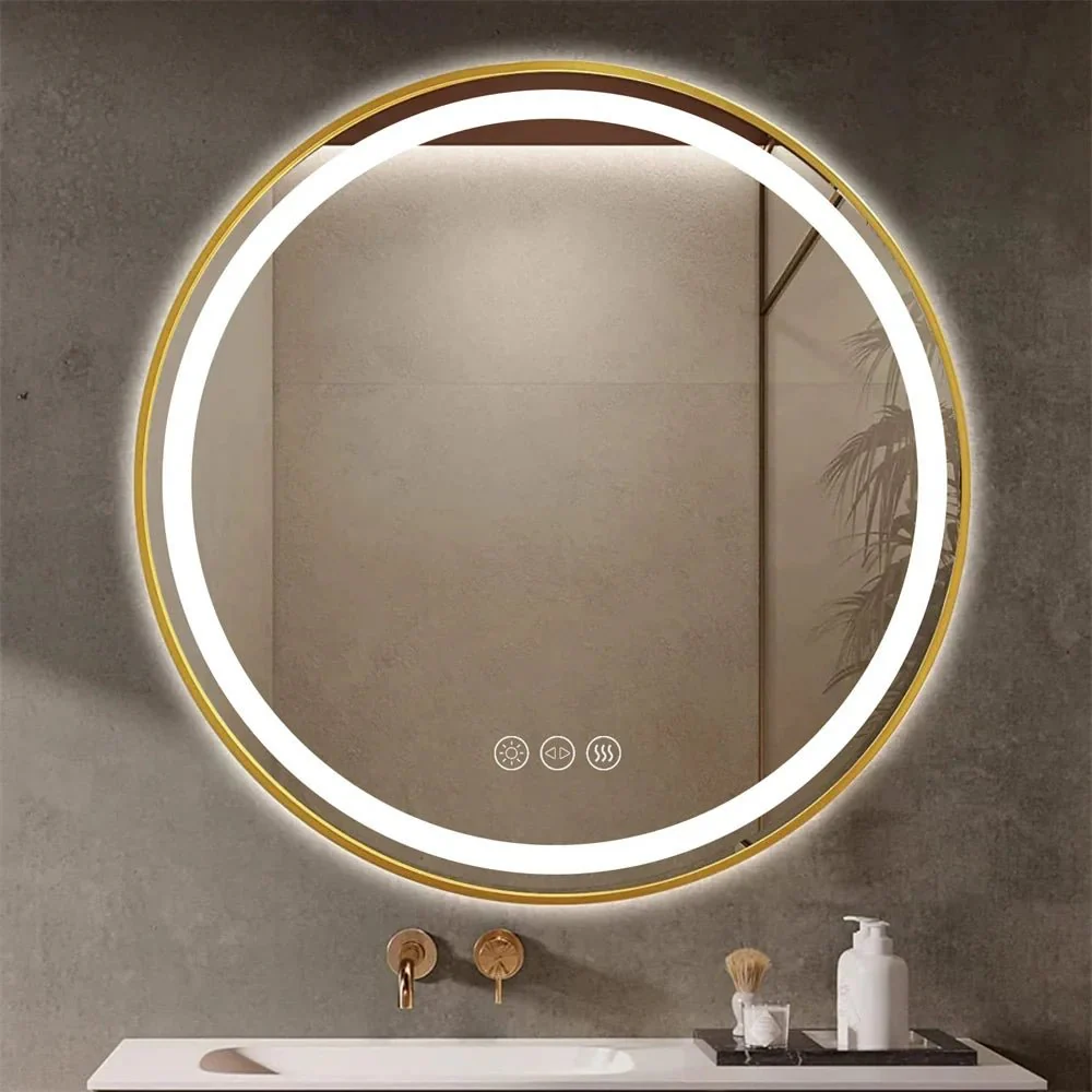 Round LED Illuminated Bathroom Mirror Hanging Wall Vanity Mirror Demister Dimmable Aluminum Fram HD Glass - Image 6