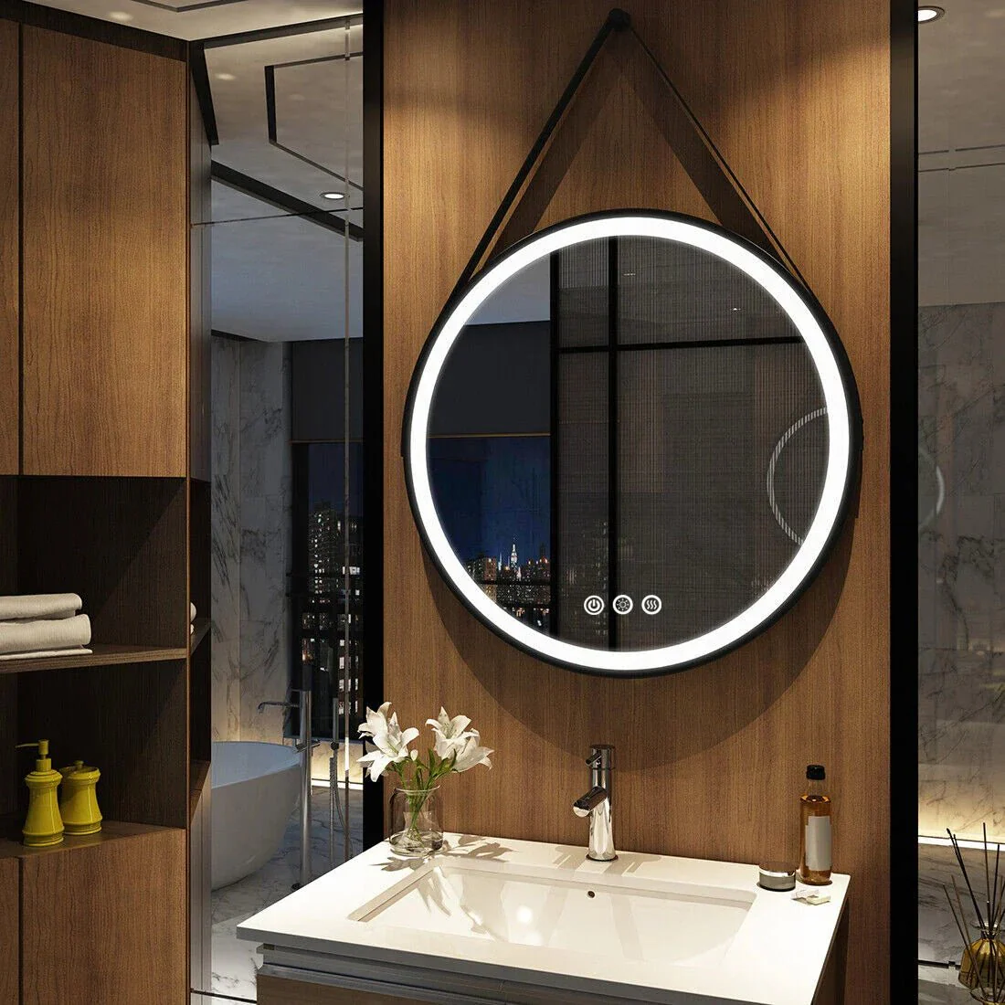Round LED Illuminated Bathroom Mirror Hanging Wall Vanity Mirror Demister Dimmable Aluminum Fram HD Glass - Image 7