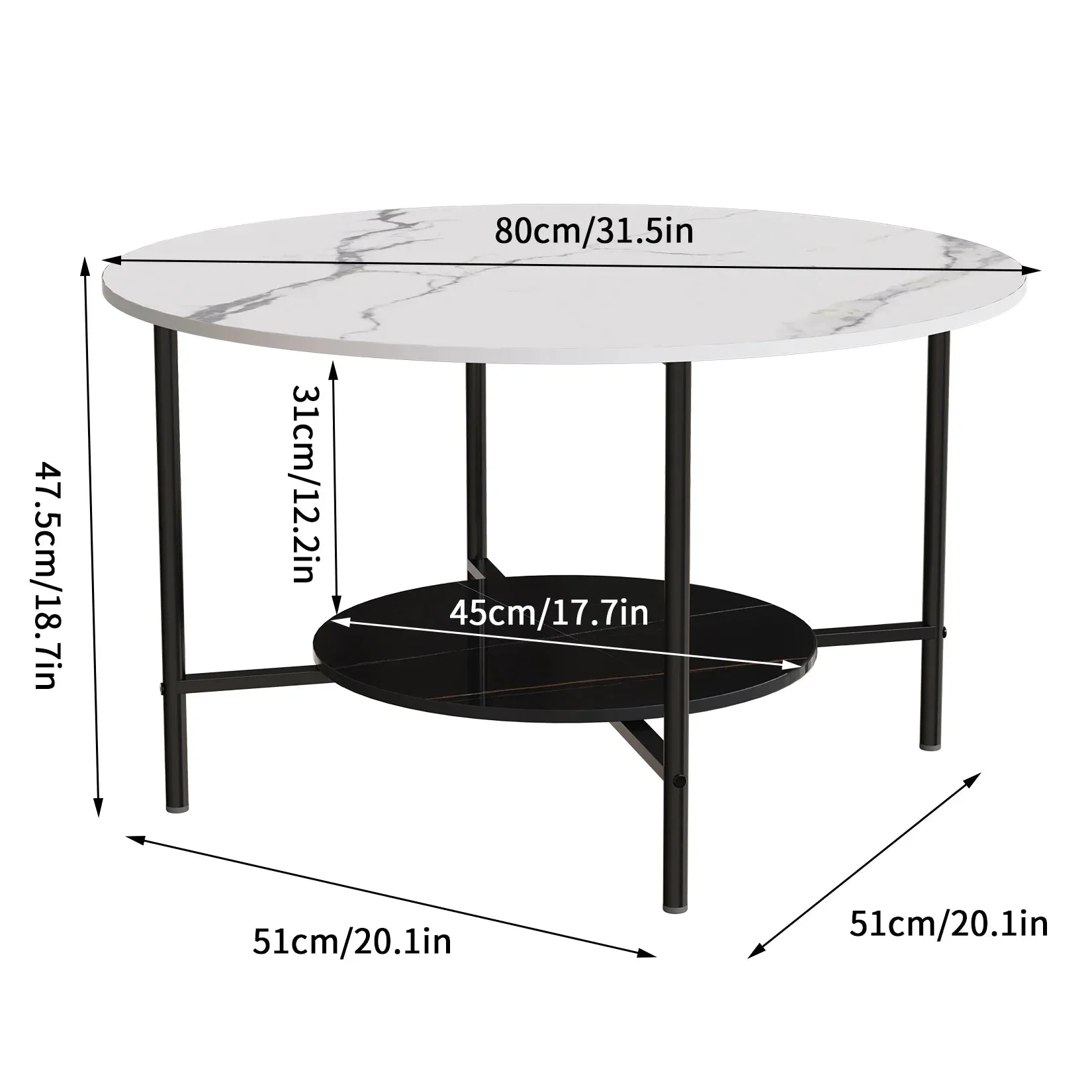 Round Marble Coffee Table, 2 Tier, Sofa Side End Table, Nightstand, Open Storage, Living Room Decor, Center Table, 32" - Image 3
