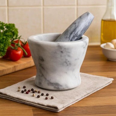Salerno Grey Marble Curved Mortar And Pestle - Image 11