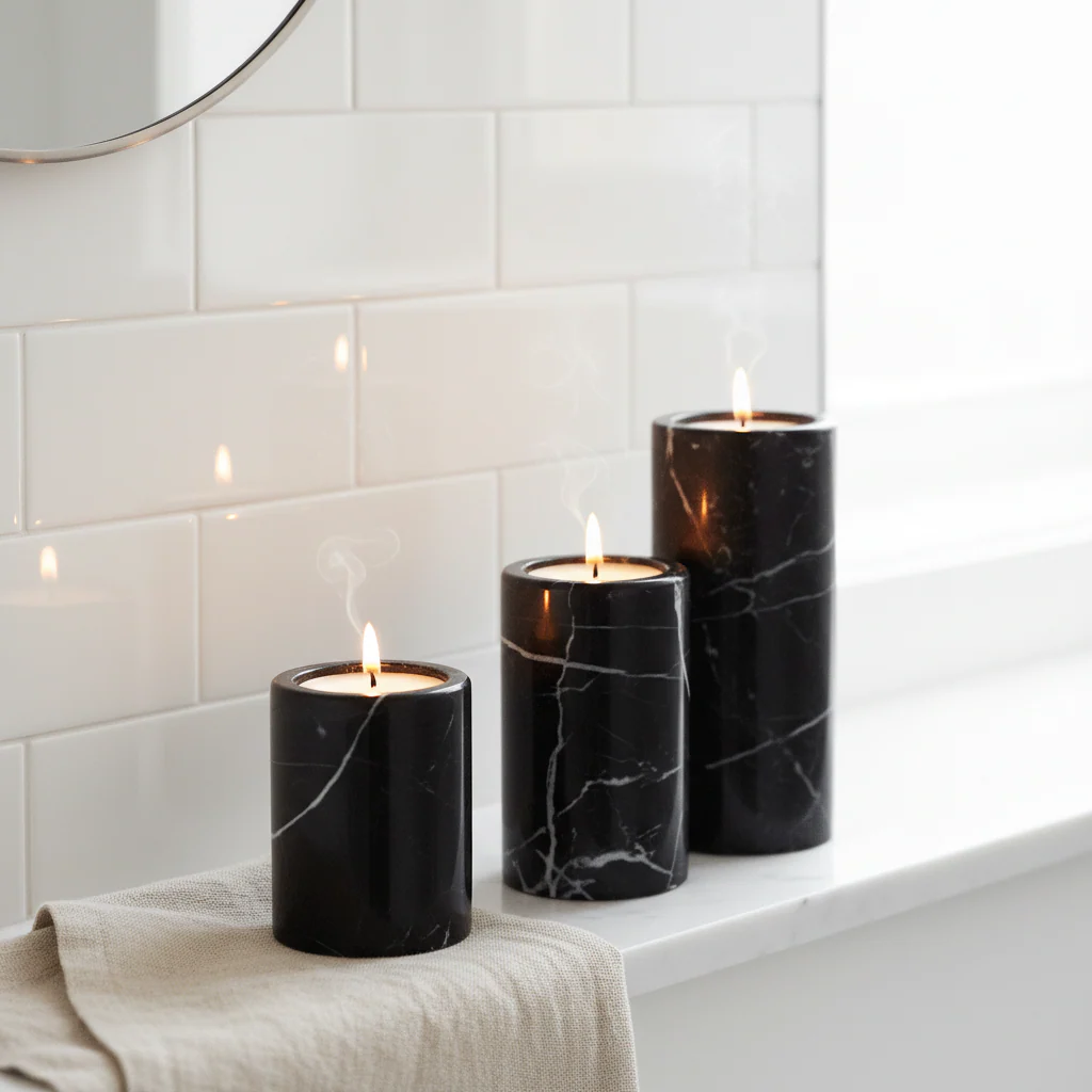 Salmo Set Of Three Black Marble Tealight Holders - Image 4