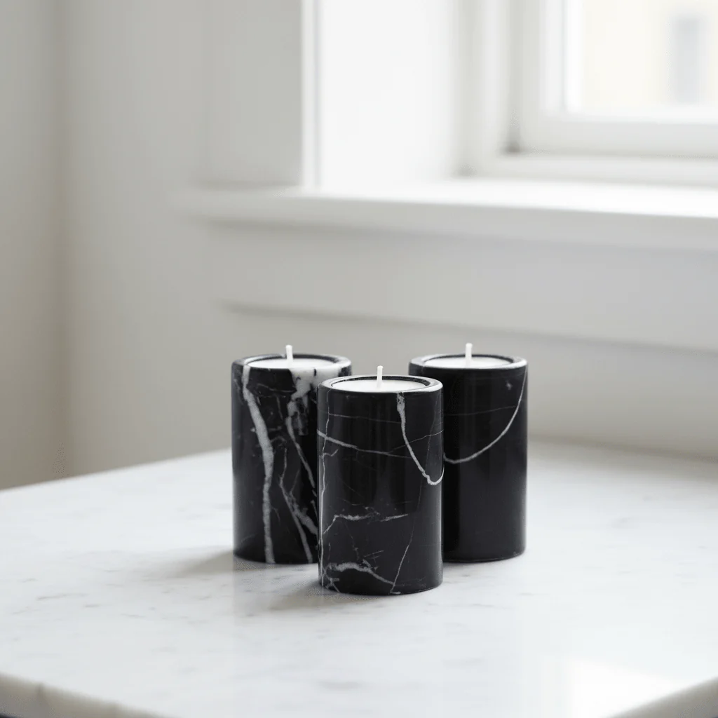 Salmo Set Of Three Black Marble Tealight Holders - Image 5