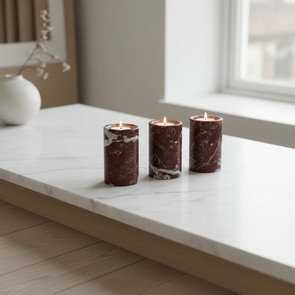 Salmo Set Of Three Red Marble Tealight Holders - Image 3