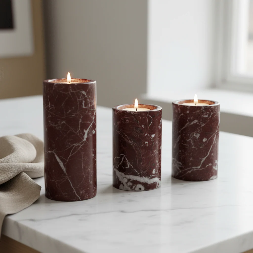 Salmo Set Of Three Red Marble Tealight Holders - Image 4