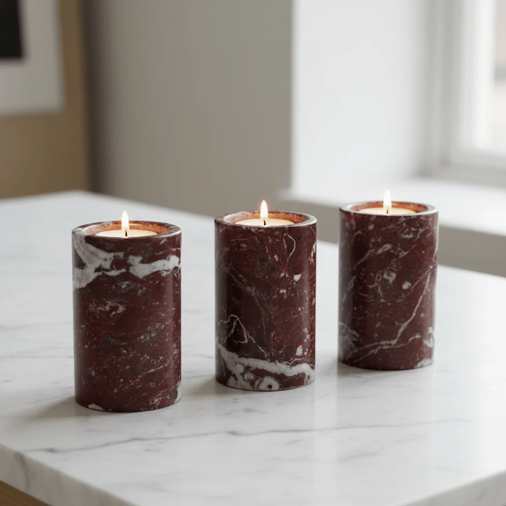 Salmo Set Of Three Red Marble Tealight Holders - Image 5
