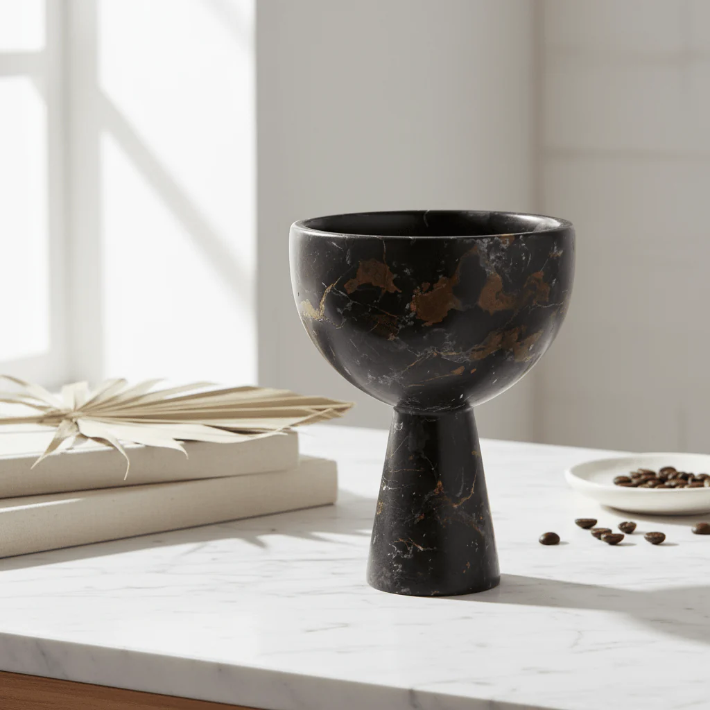 Salmo Small Black Marble Pedestal Bowl - Image 5