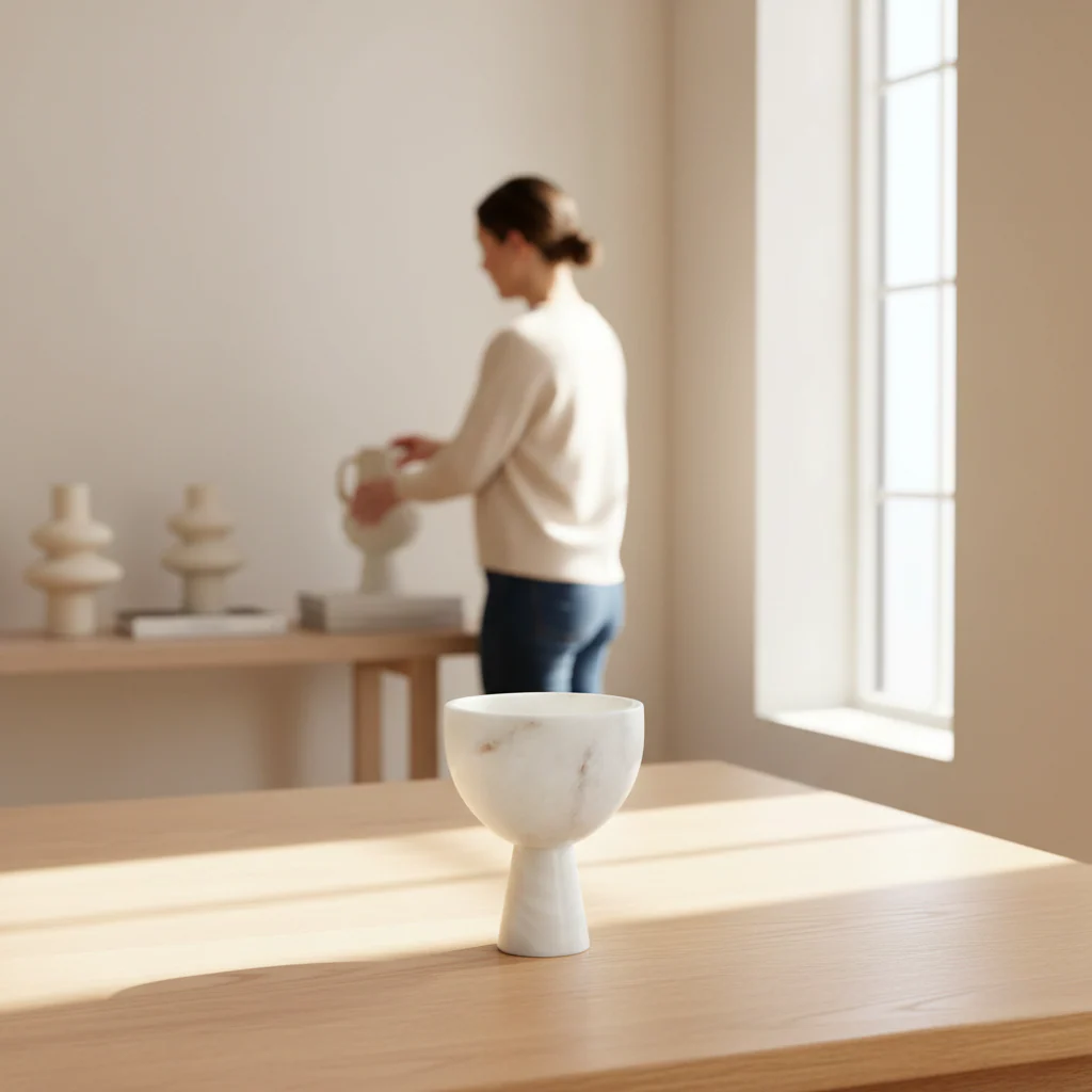 Salmo Small White Marble Pedestal Bowl - Image 2