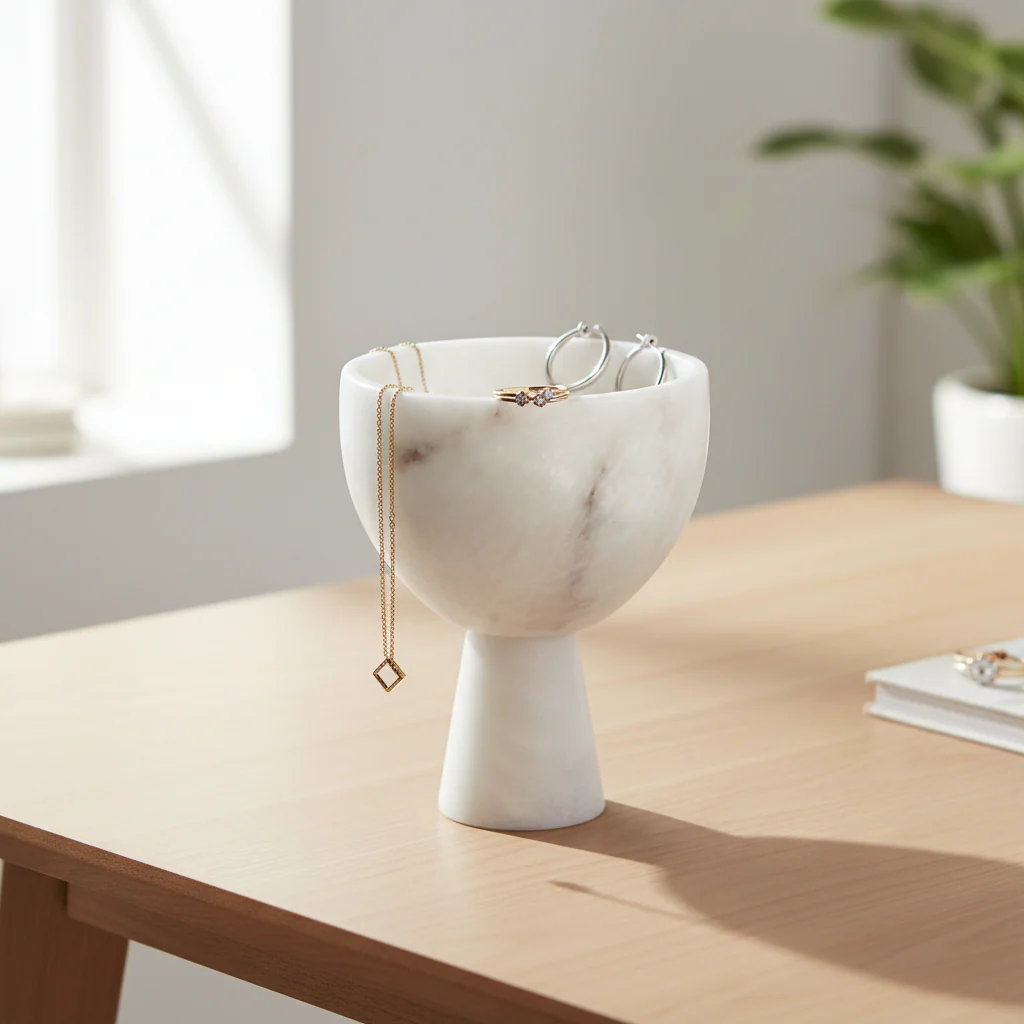 Salmo Small White Marble Pedestal Bowl - Image 4