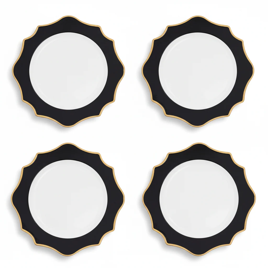 Set of 4 33cm Dia White and Black Round Charger Plates