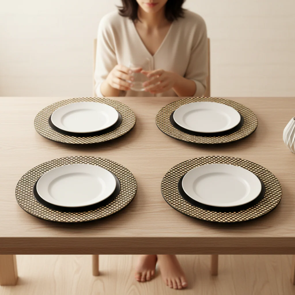 Set of Four 33cm Dia Pandanus Black and Natural Charger Plates - Image 2