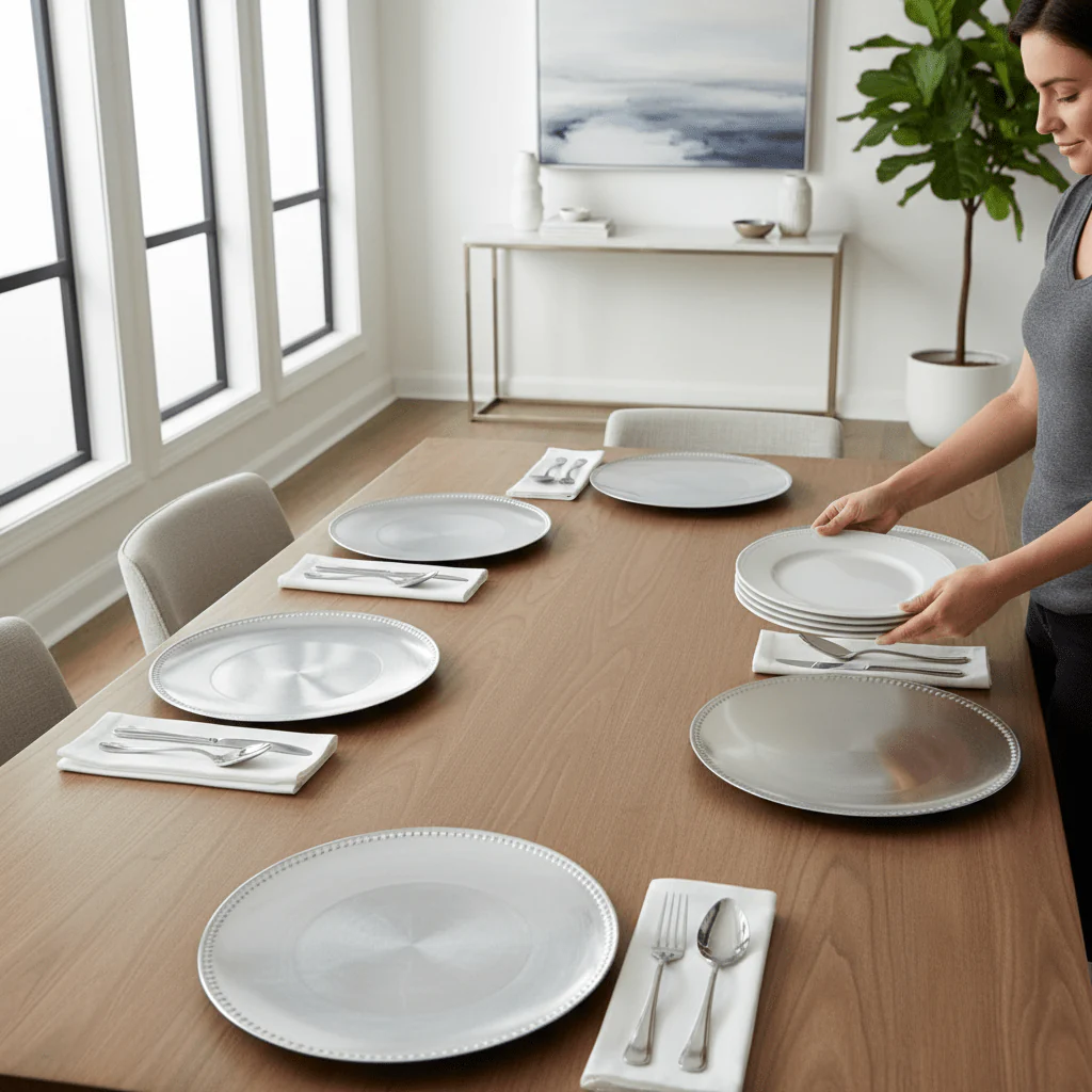 Set of Four 33cm Dia Redbud Silver Charger Plates - Image 6