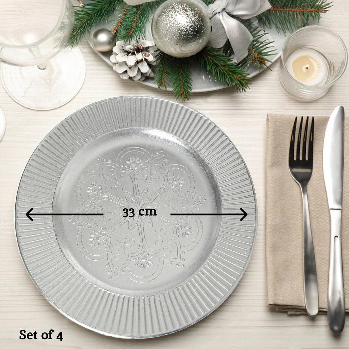 Set of Four 33cm Dia Redbud Silver Charger Plates - Image 9