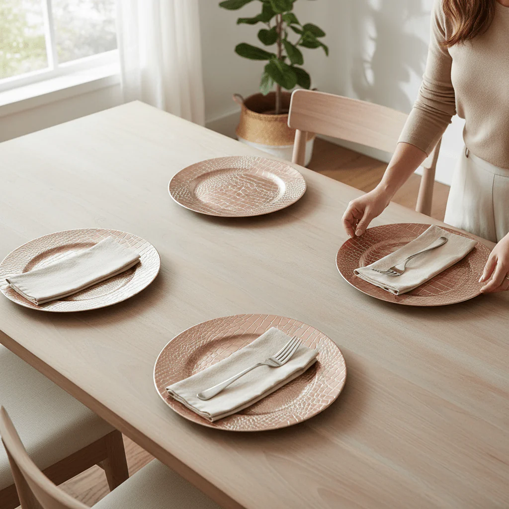 Set of Four 33cm Dia Rose Gold Crocodile Effect Charger Plates - Image 5