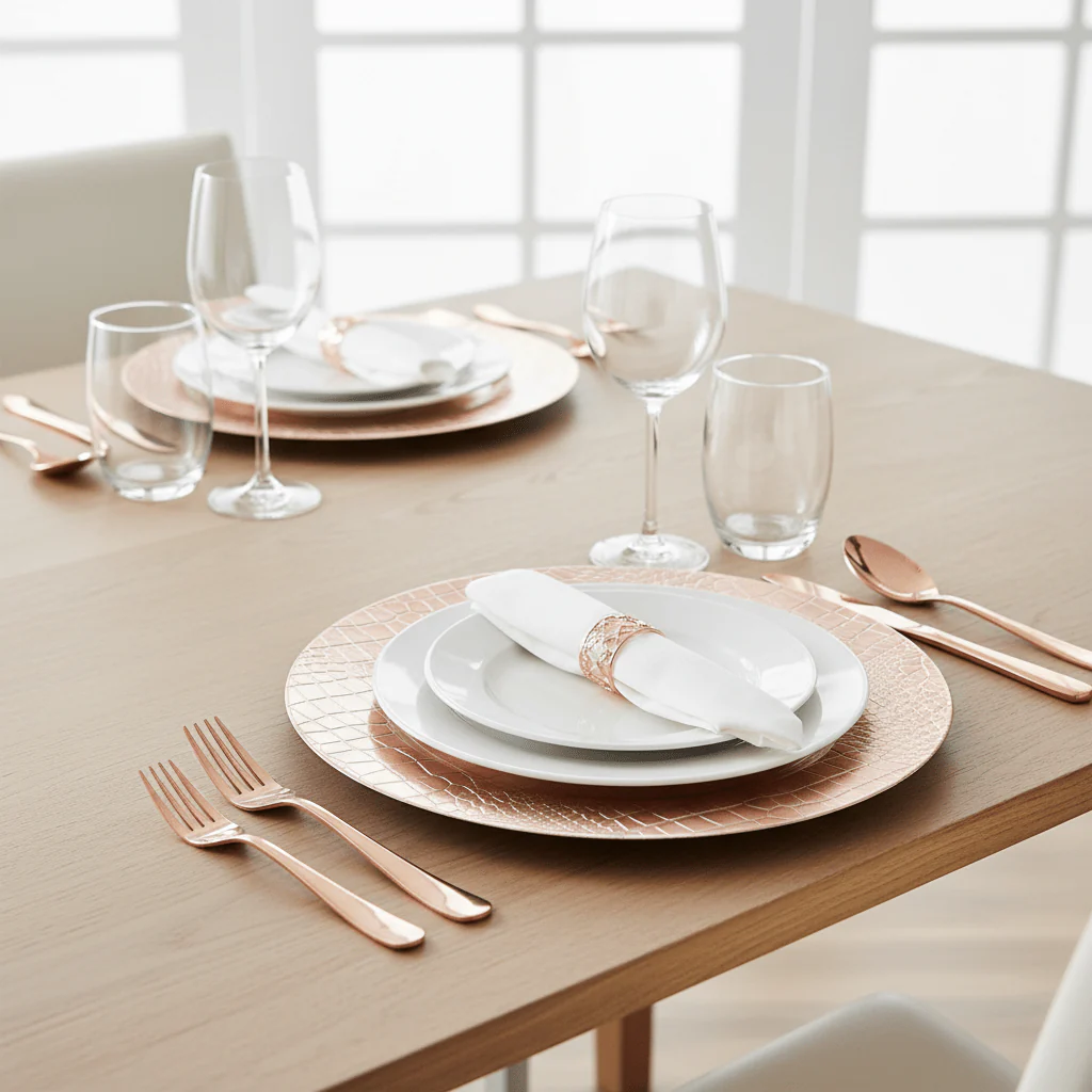 Set of Four 33cm Dia Rose Gold Crocodile Effect Charger Plates - Image 6