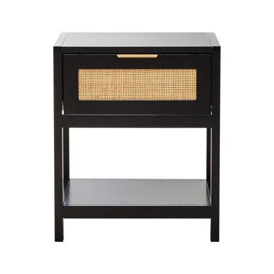 Sherman Black Wood and Natural Rattan One Drawer Bedside Table - Image 5