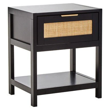 Sherman Black Wood and Natural Rattan One Drawer Bedside Table - Image 7