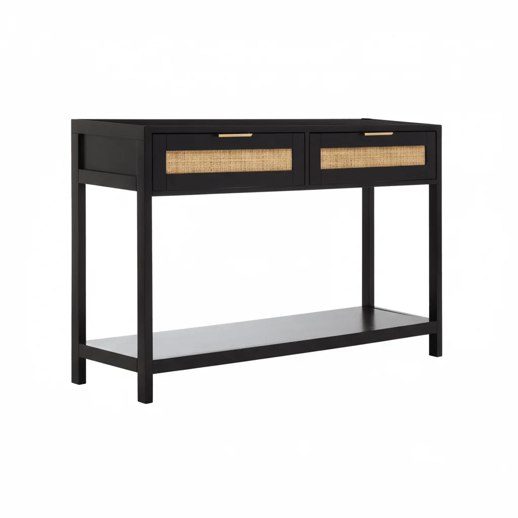 Sherman Black Wood and Rattan Two Drawer Console Table - Image 3