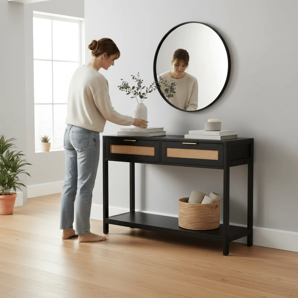 Sherman Black Wood and Rattan Two Drawer Console Table - Image 4
