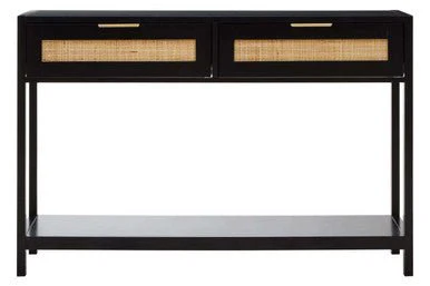 Sherman Black Wood and Rattan Two Drawer Console Table - Image 5
