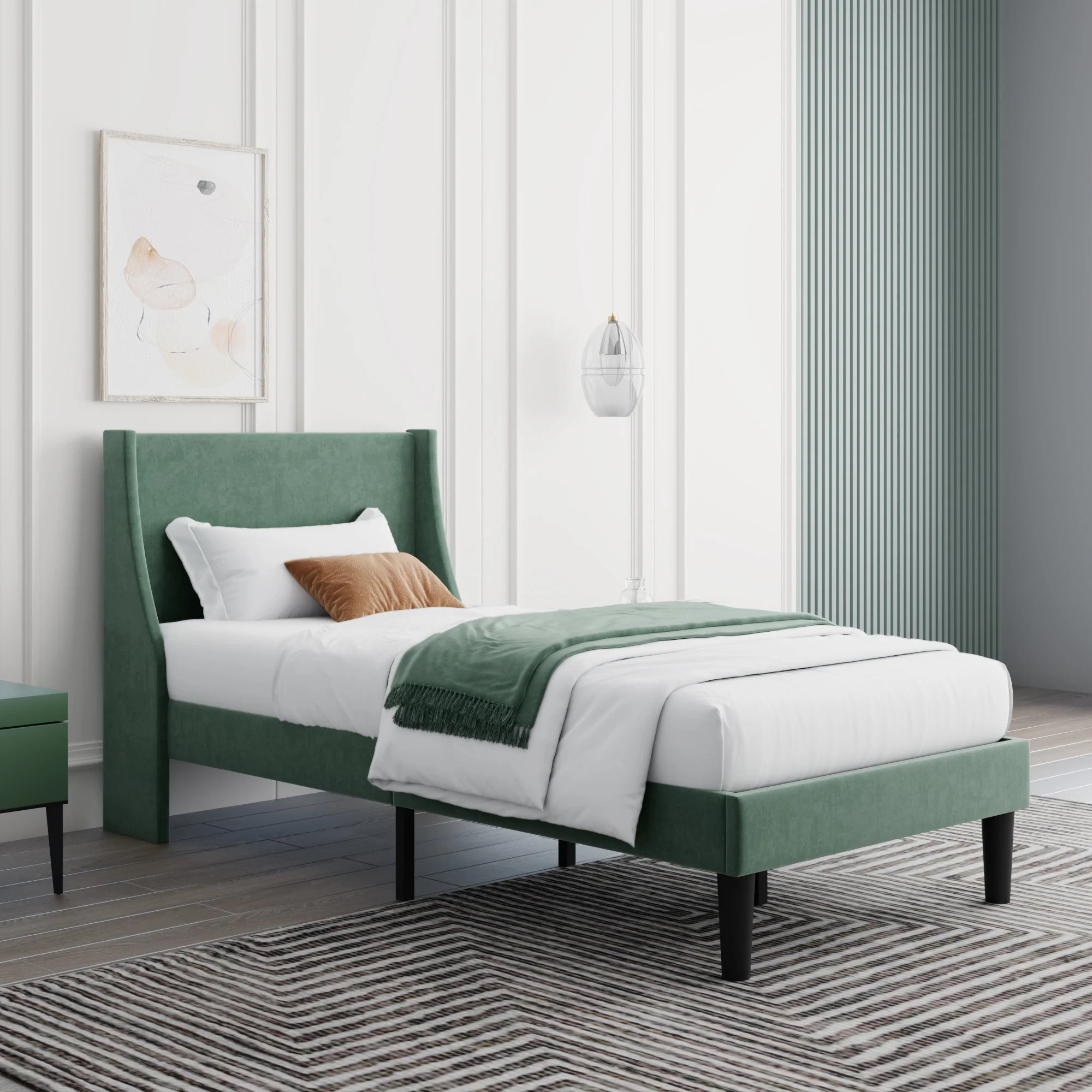 Single Bed Velvet Dark Green Upholstered Bed with Winged Headboard and Wood Slat Supports - Image 10