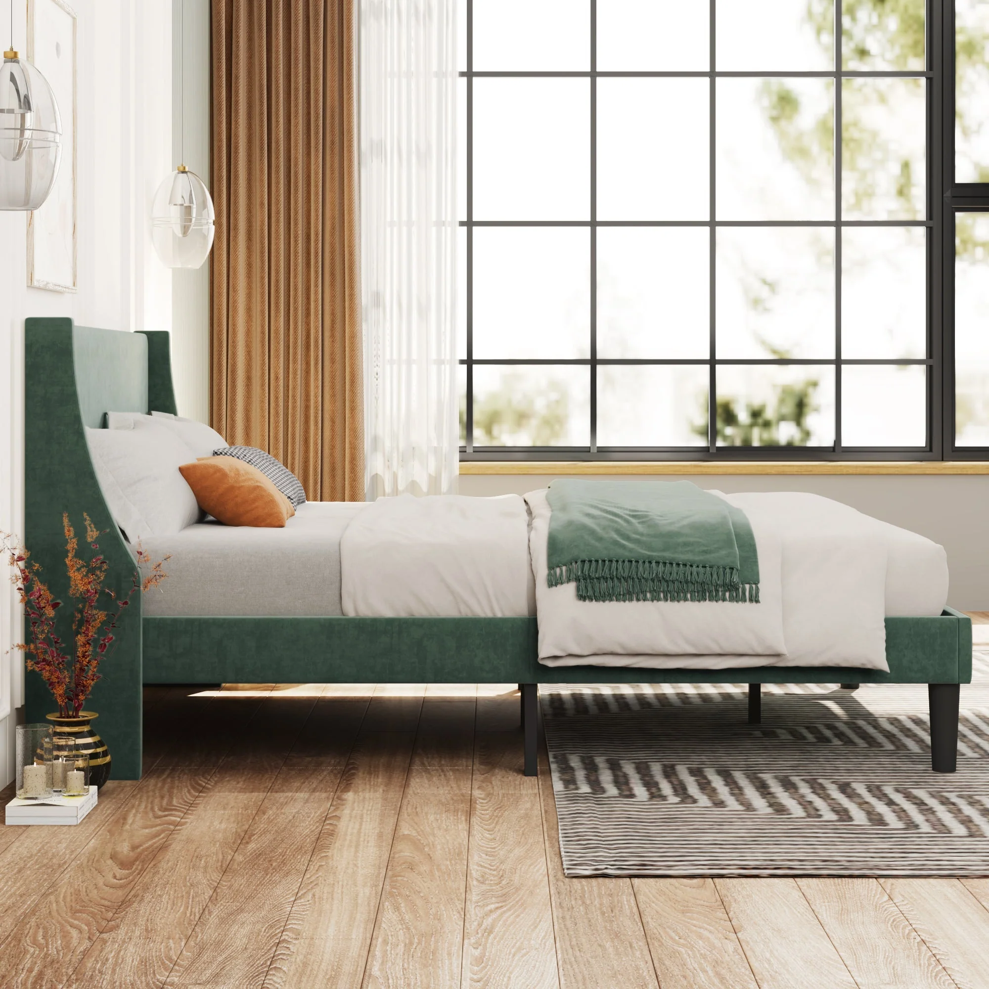 Single Bed Velvet Dark Green Upholstered Bed with Winged Headboard and Wood Slat Supports - Image 3