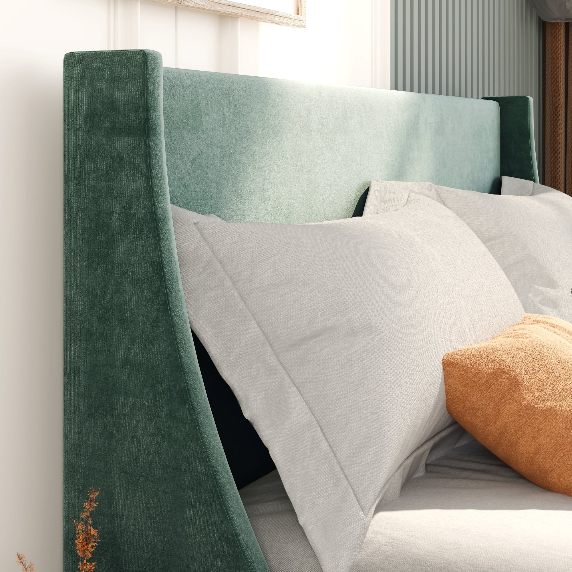 Single Bed Velvet Dark Green Upholstered Bed with Winged Headboard and Wood Slat Supports - Image 4