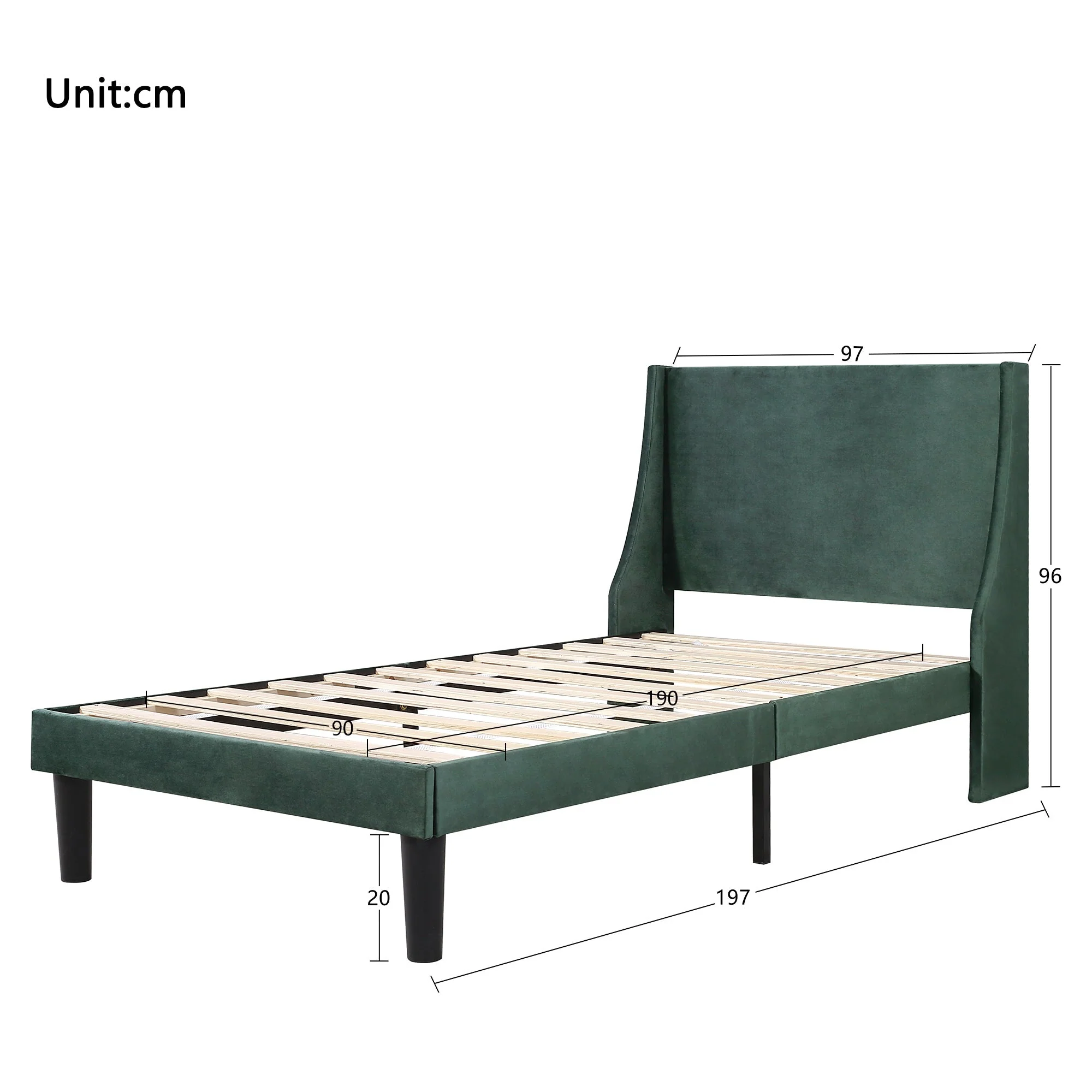 Single Bed Velvet Dark Green Upholstered Bed with Winged Headboard and Wood Slat Supports - Image 5