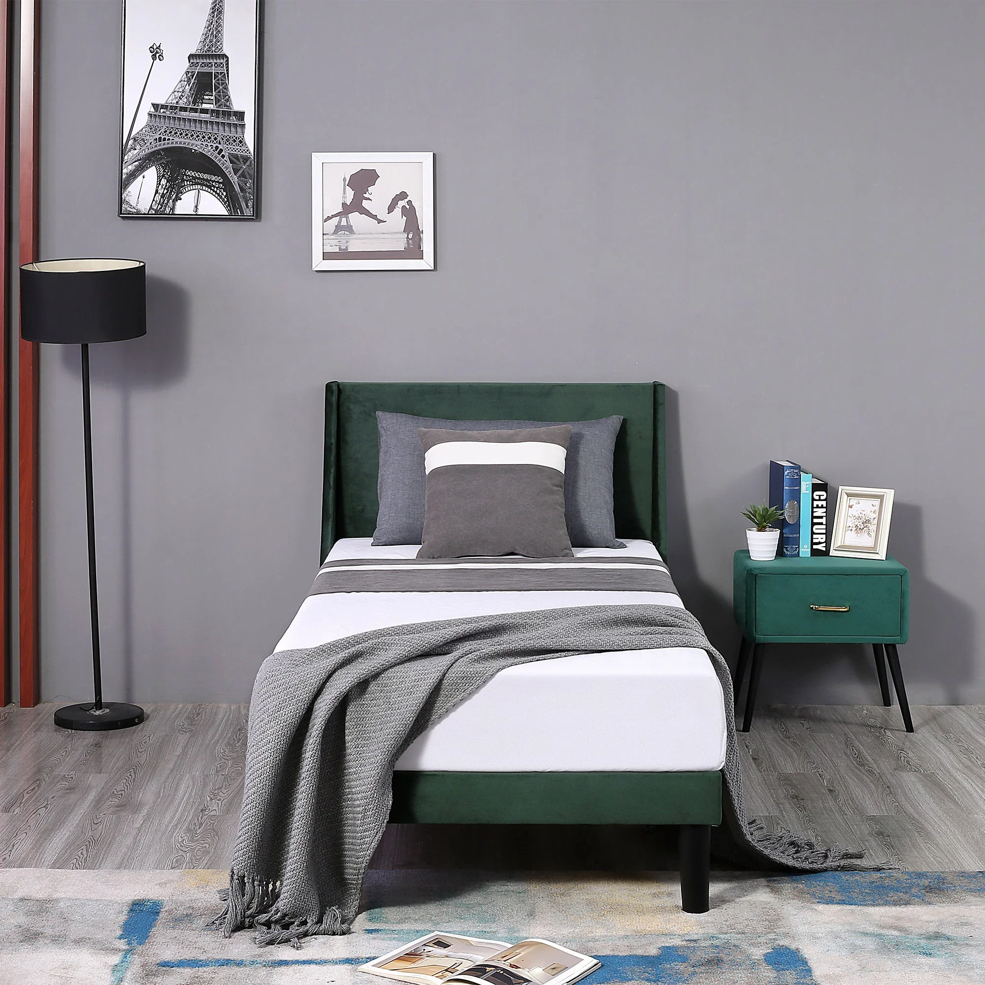 Single Bed Velvet Dark Green Upholstered Bed with Winged Headboard and Wood Slat Supports - Image 9
