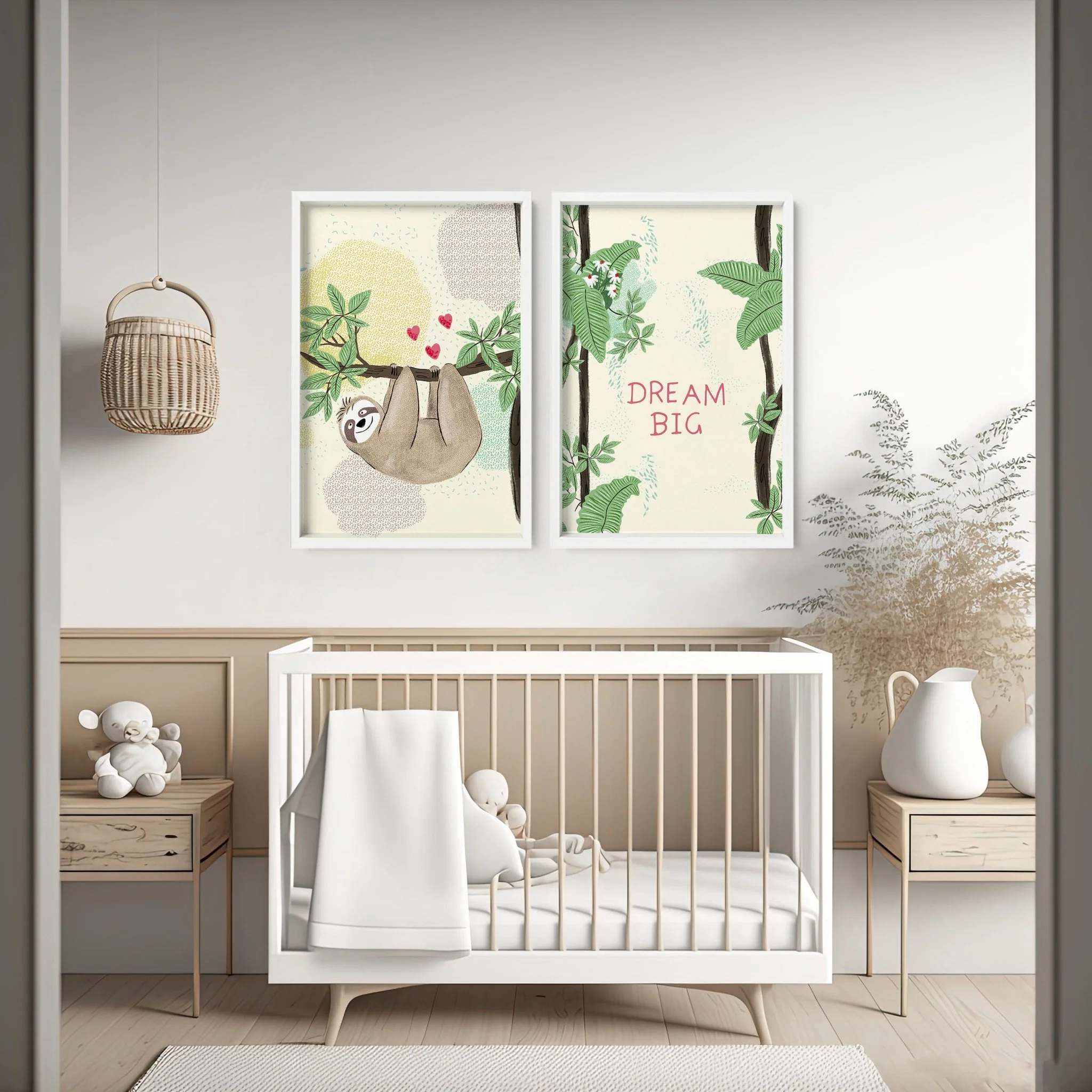 Bedroom jungle wall art for nursery | set of 2 Sloths art prints - Image 2