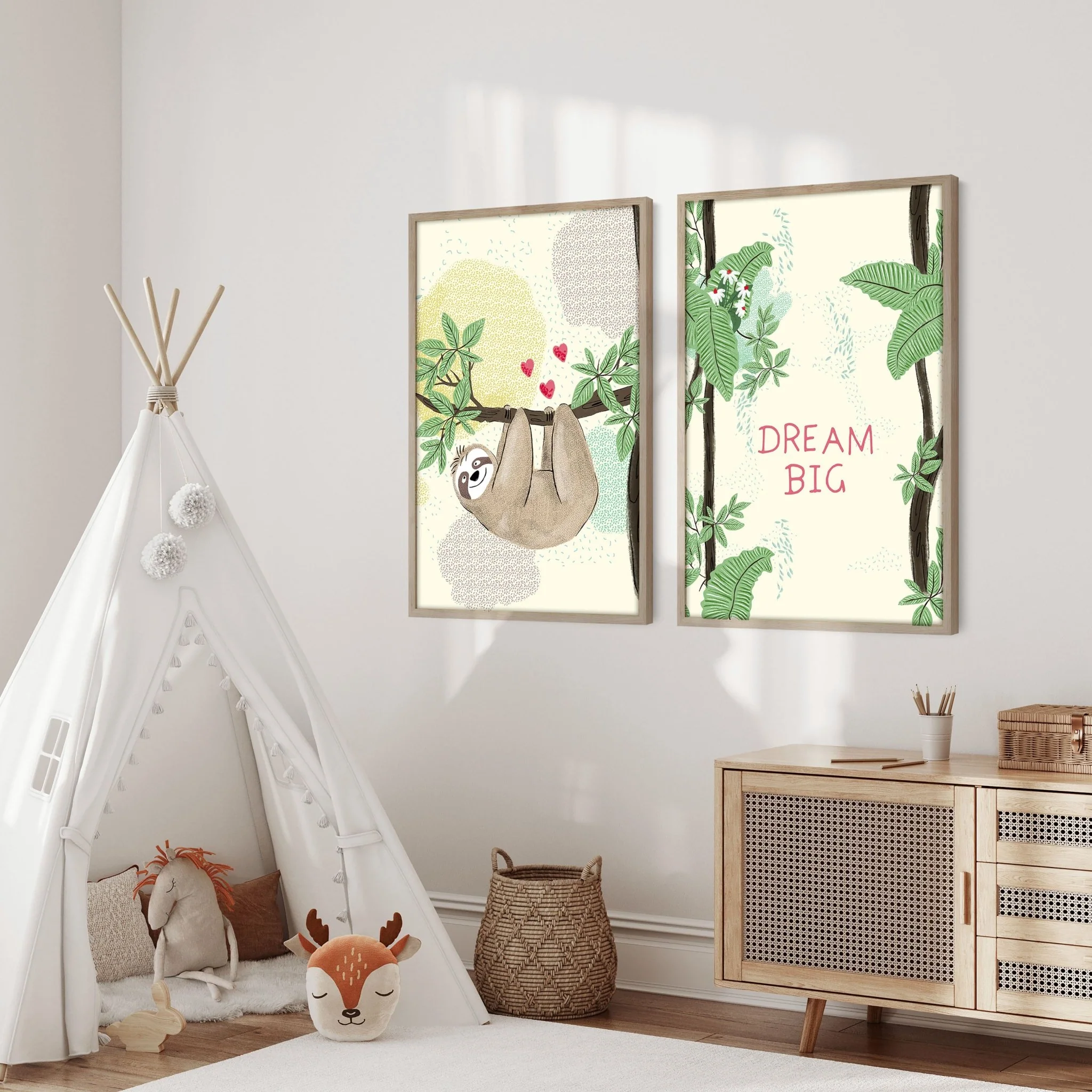 Bedroom jungle wall art for nursery | set of 2 Sloths art prints - Image 3