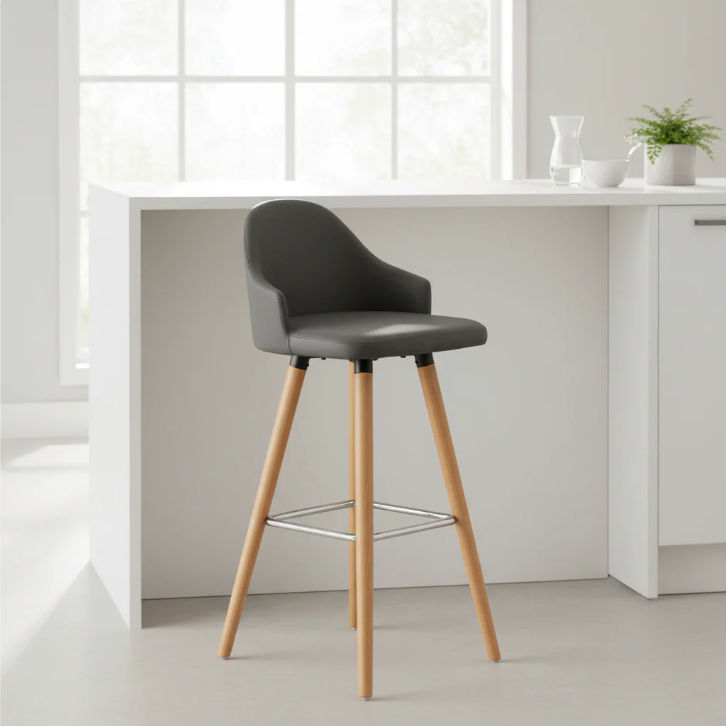 Stockholm Grey Faux Leather Bar Stool with Beechwood Legs - Image 3