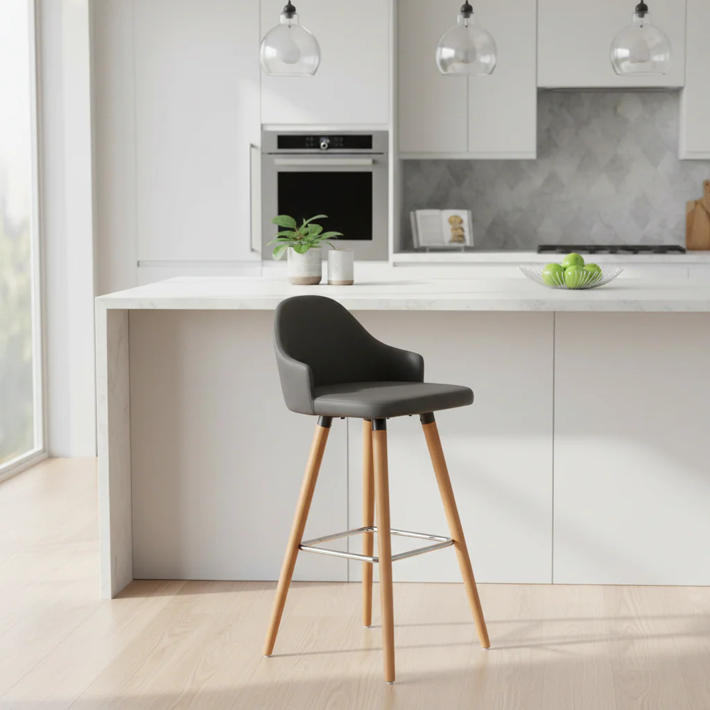 Stockholm Grey Faux Leather Bar Stool with Beechwood Legs - Image 4