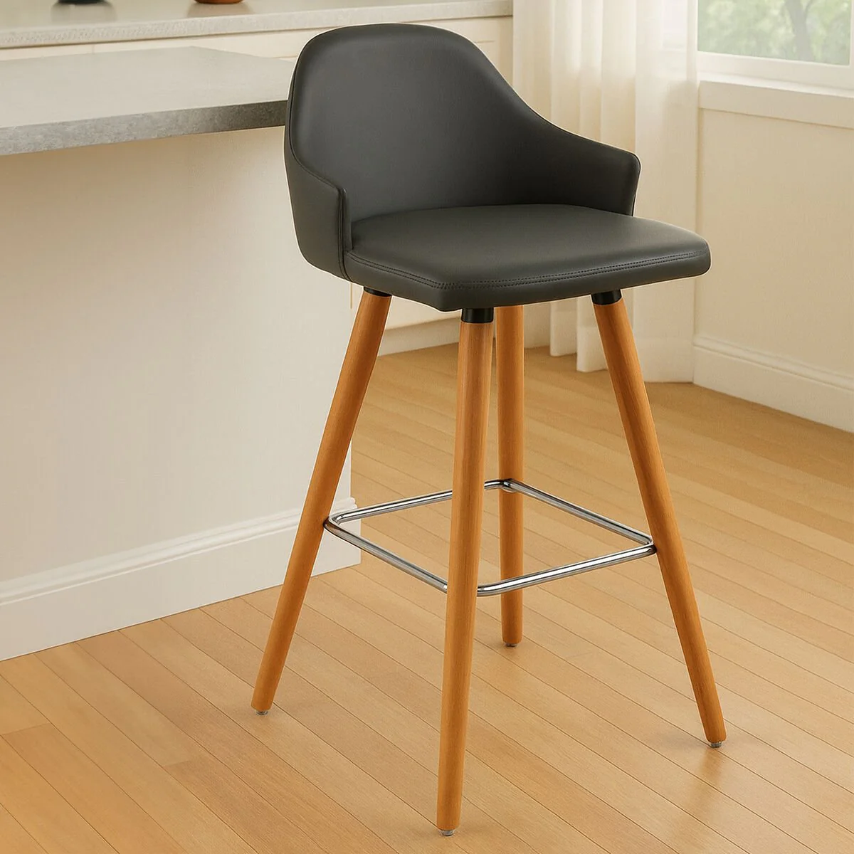 Stockholm Grey Faux Leather Bar Stool with Beechwood Legs - Image 6