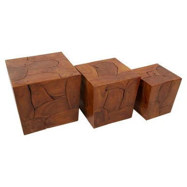 Surak Set of 3 Teak Side Tables and Stools - Image 3