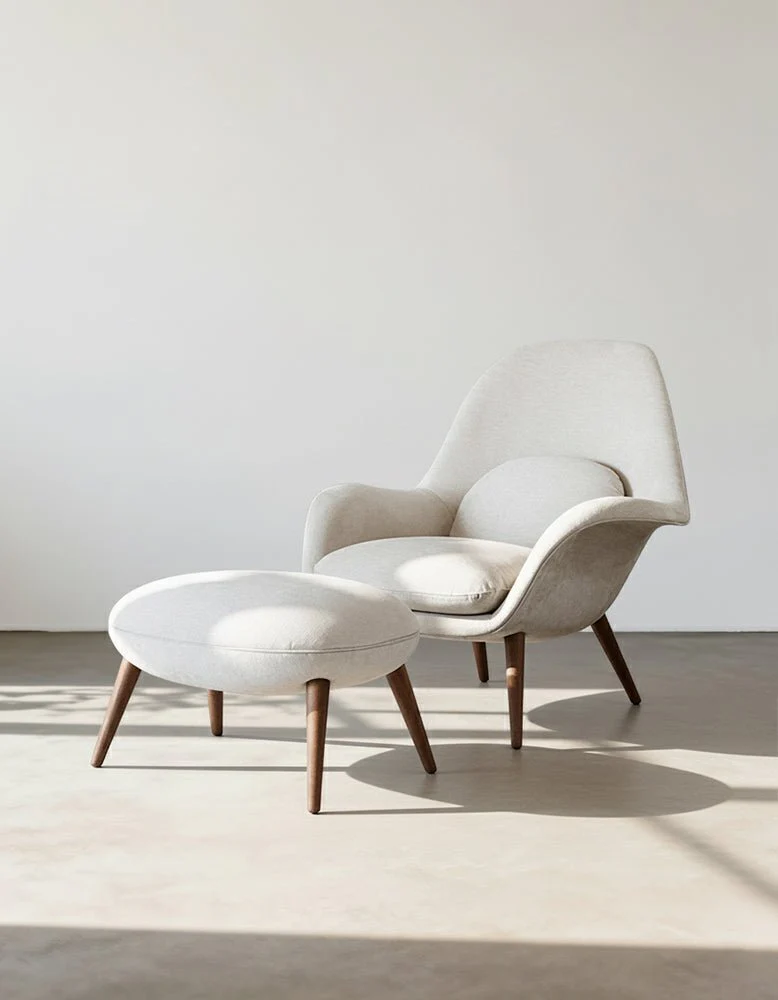 Swoon Lounge Petit Armchair And Stool, White, Wood Leg