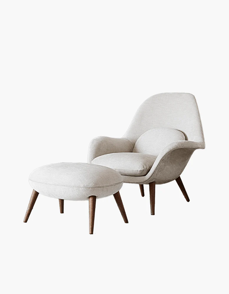 Swoon Lounge Petit Armchair And Stool, White, Wood Leg - Image 6