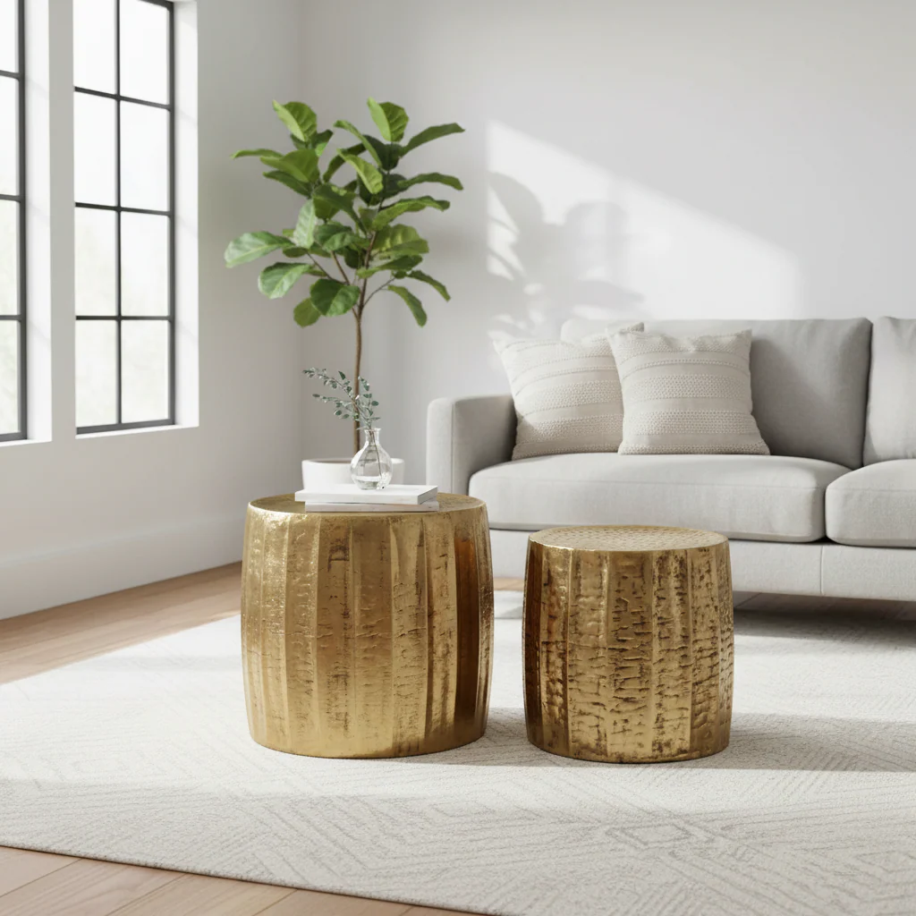 Templar Set Of 2 Antique Brass Finish Side Tables And Stools - Image 3
