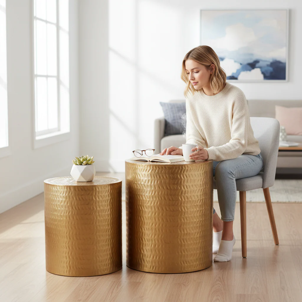 Templar Set of 2 Gold Finish Side Tables and Stools - Image 2