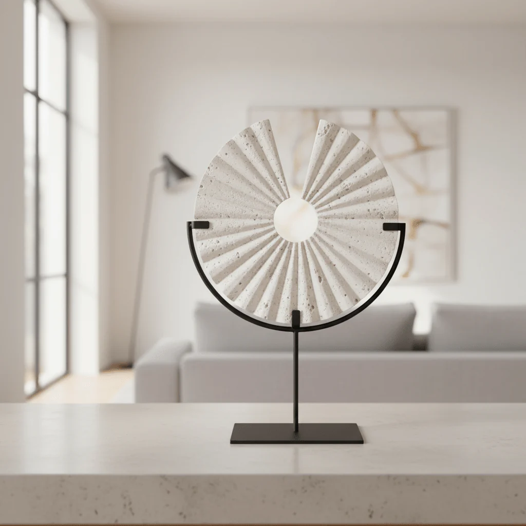 Tibor Travertine Disc Sculpture With Black Metal Base