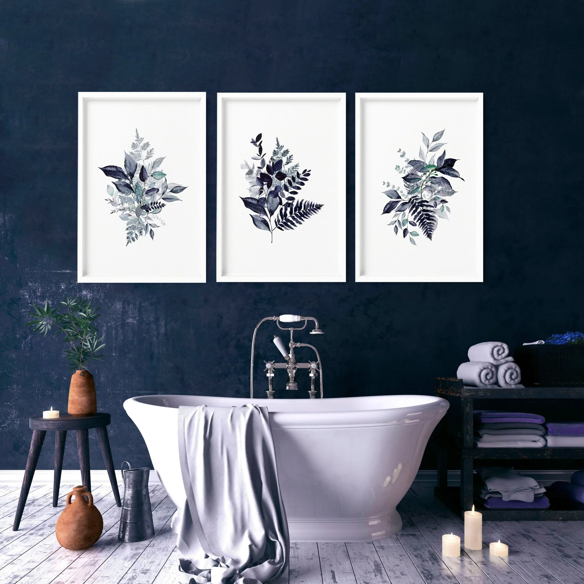 Toilet wall decor | set of 3 Blue Botanical wall art - Image 3