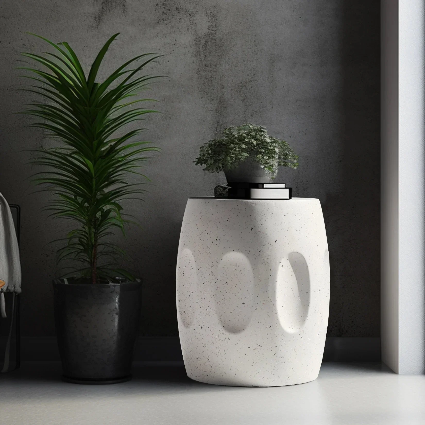 Unique Lightweight Concrete Side Table Decorative Garden Stool Faux Terrazzo Accent Table Small Coffee End Table - Image 8