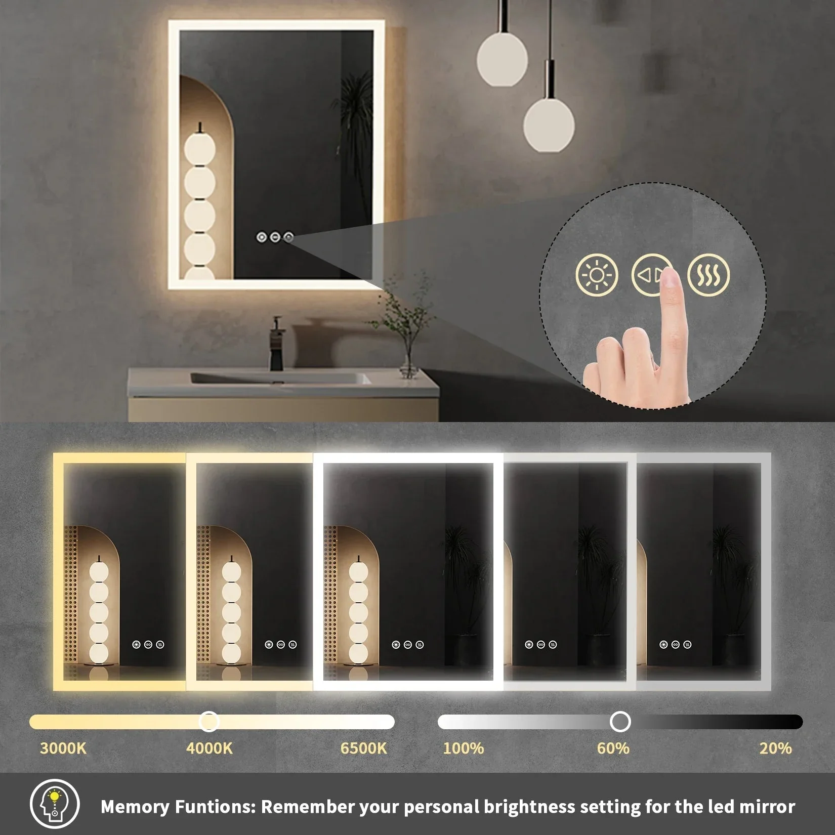 Vanity LED Illuminated Bathroom Mirror Wall Mount Cosmetic Lights Touch Antifog 400x500mm / 16x20 in - Image 4