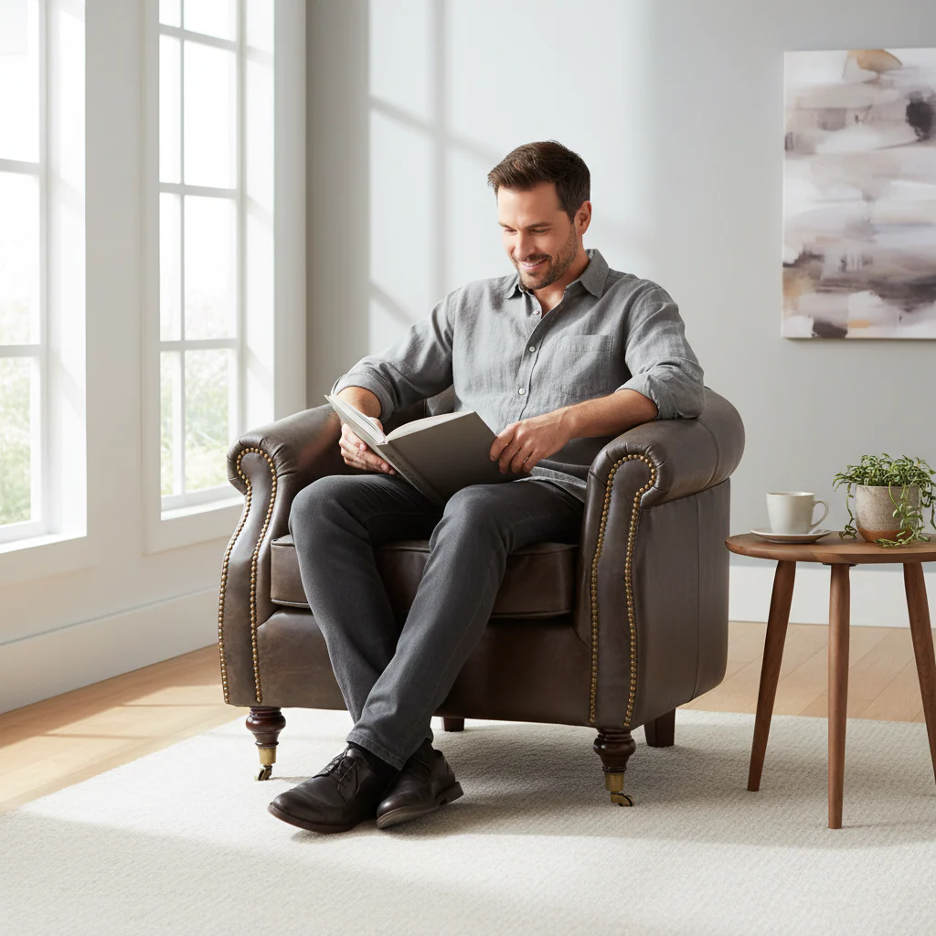 Victor Dark Grey Brown Leather Curved Armchair - Image 2