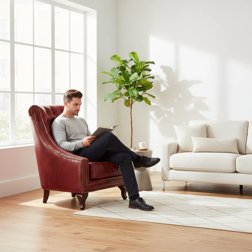 Victor Deep Red Leather Lounge Chair with Tufted Back - Image 2
